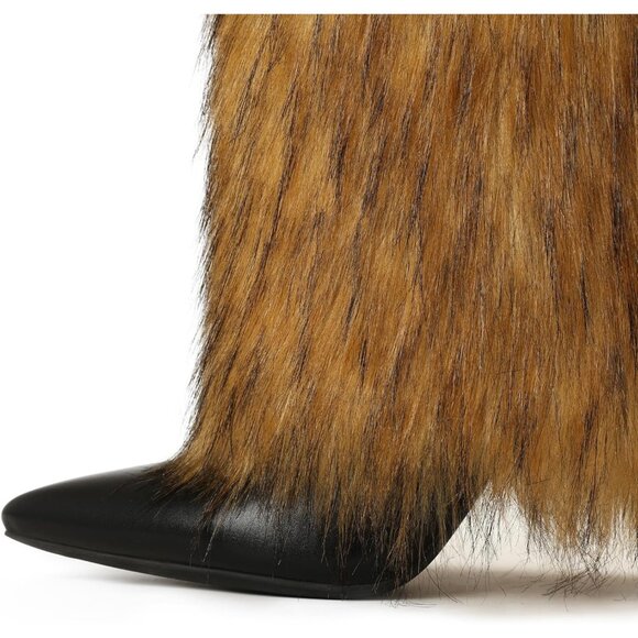 Women's Light Brown Fur Knee High Heels Wide Calf Fold Over Fashion Boots Shoes - Picture 2 of 6